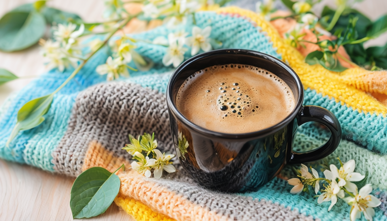 A cup of coffee on a blanket enjoying thr spring time